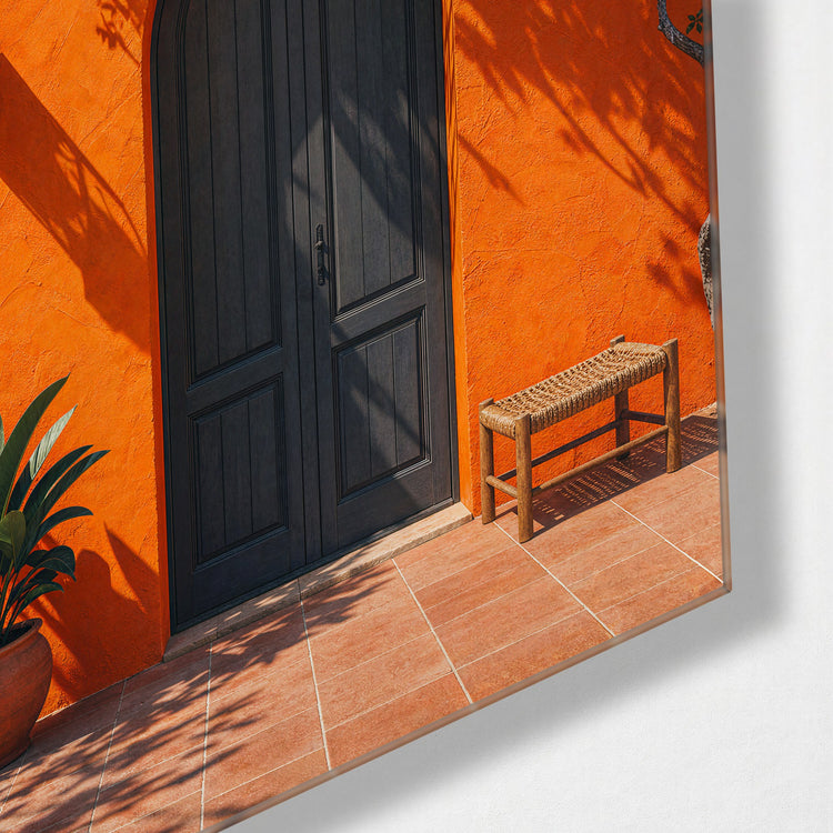 Red Blooms, Dark Arch glass wall art, corner view
