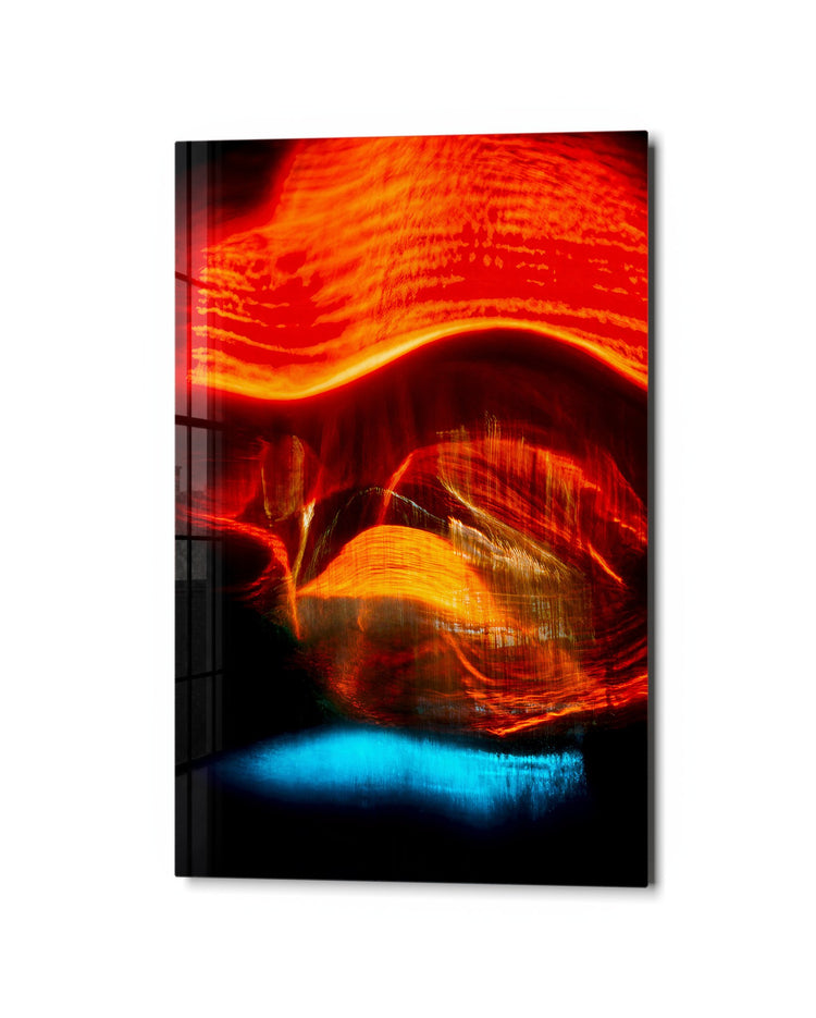 Orange Rush glass wall art, studio view