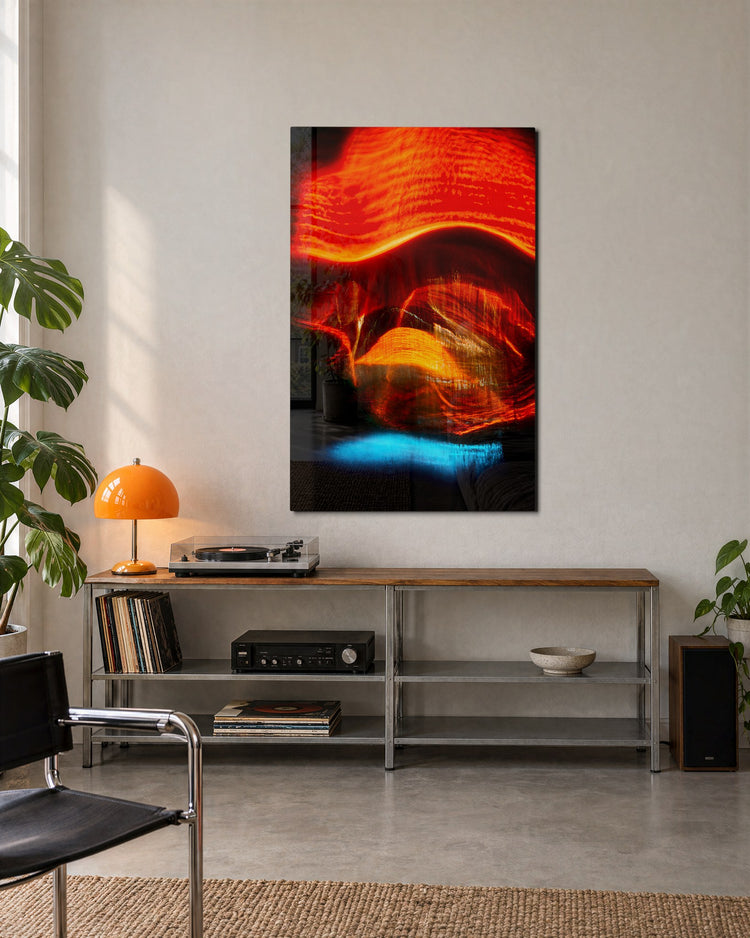 Orange Rush glass wall art, lifestyle view