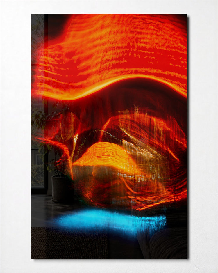 Orange Rush glass wall art, front view