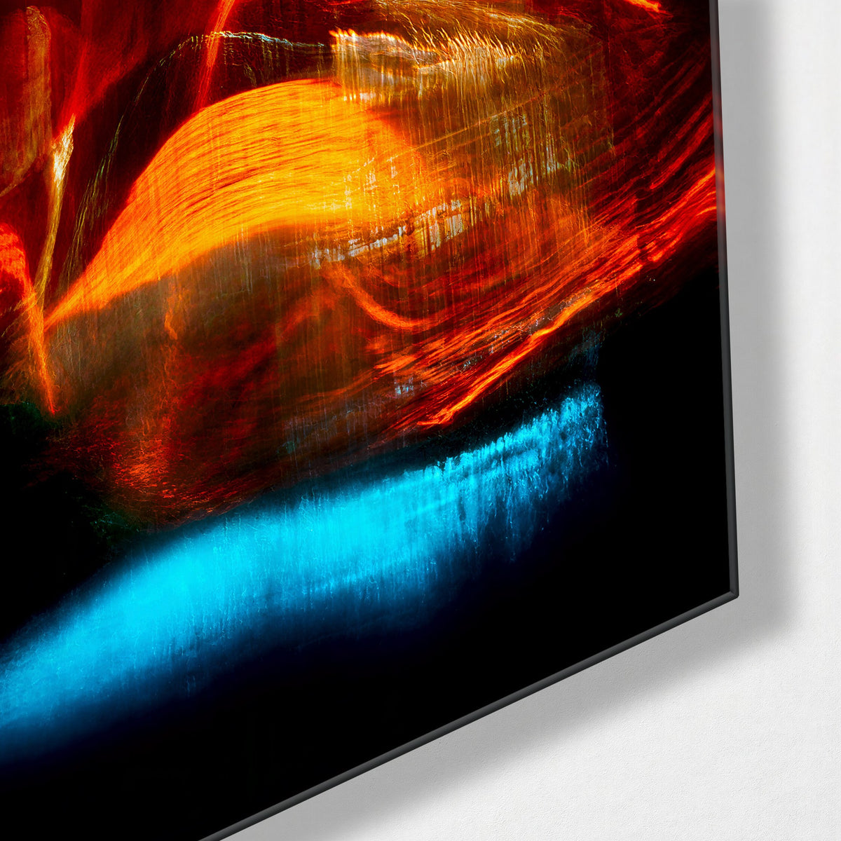 Orange Rush glass wall art, corner view