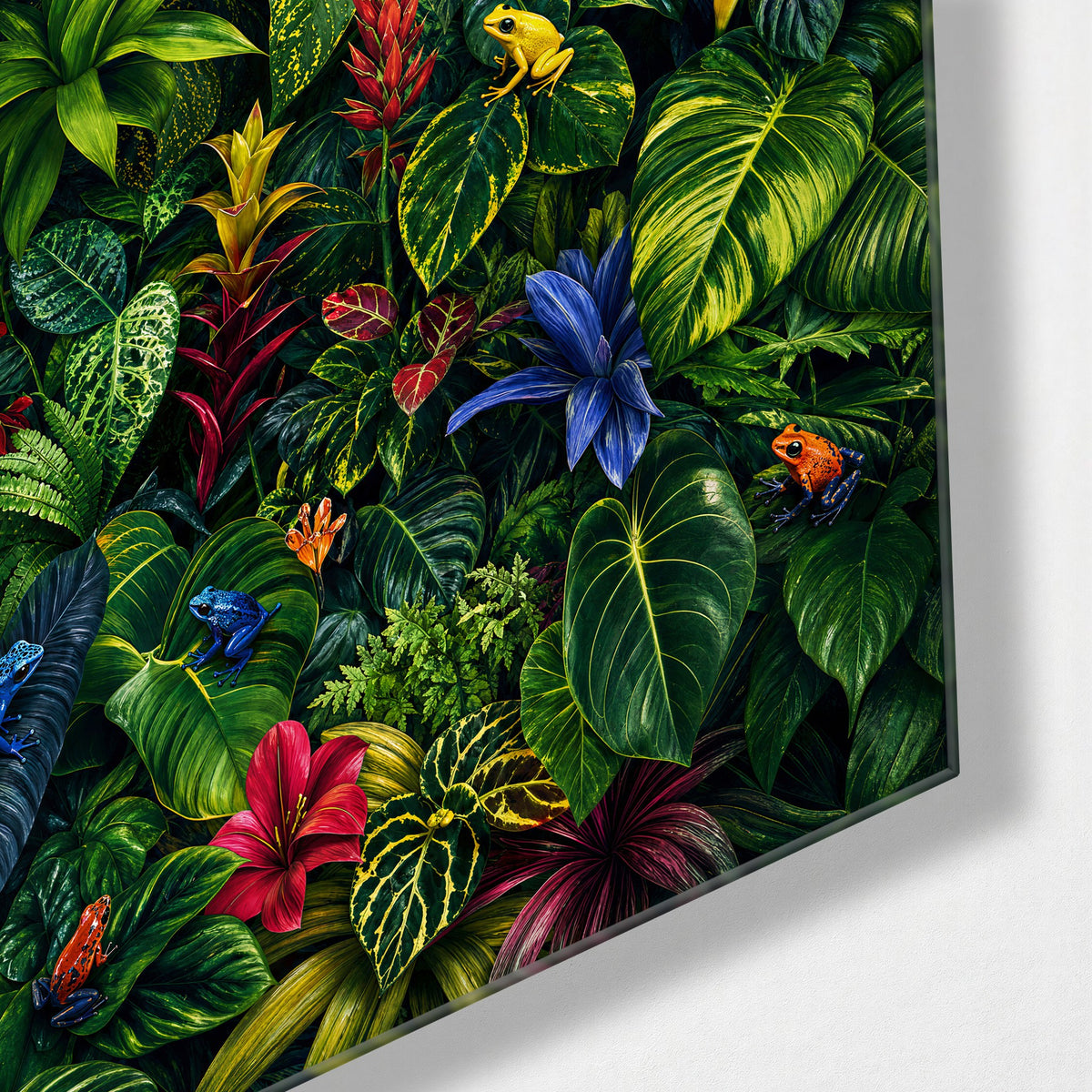 Overgrown Garden glass wall art, corner view