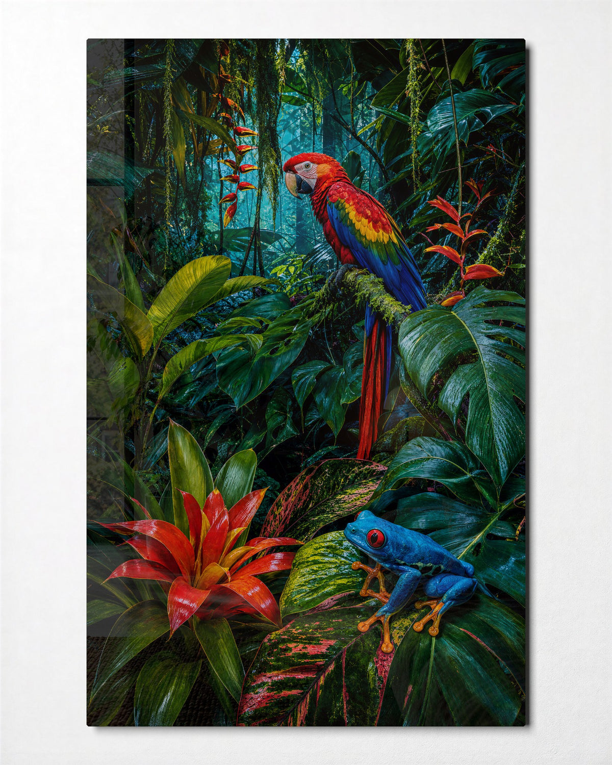 Macaw and Frog glass wall art, front view