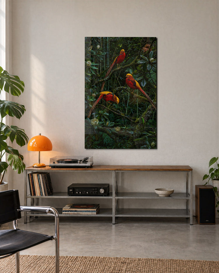 Scarlet Flock in Leaves glass wall art, lifestyle view