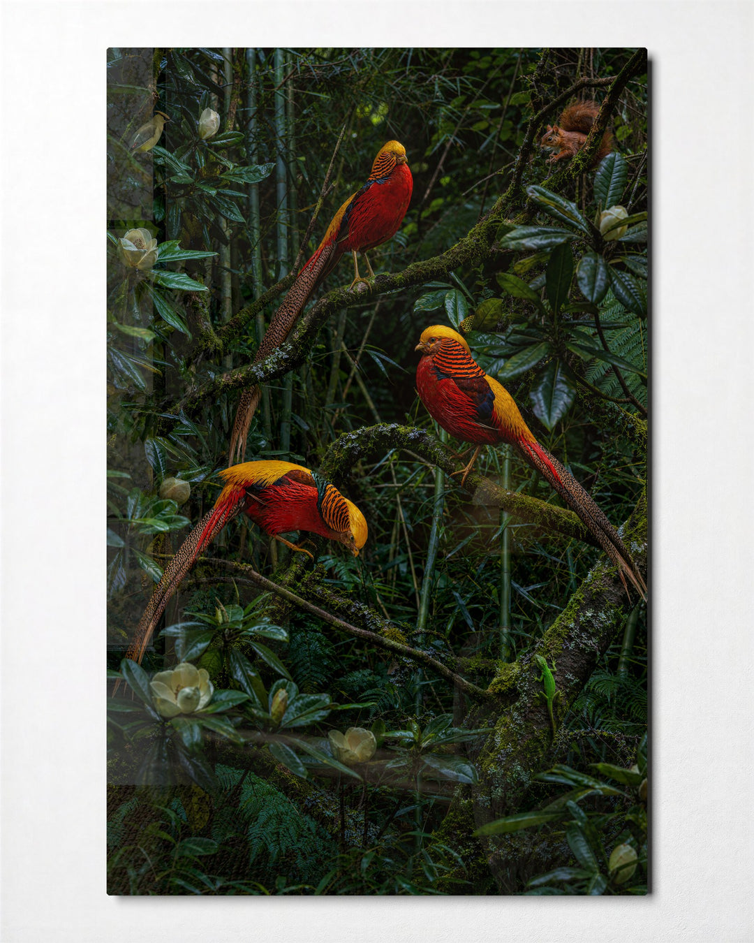 Scarlet Flock in Leaves glass wall art, front view