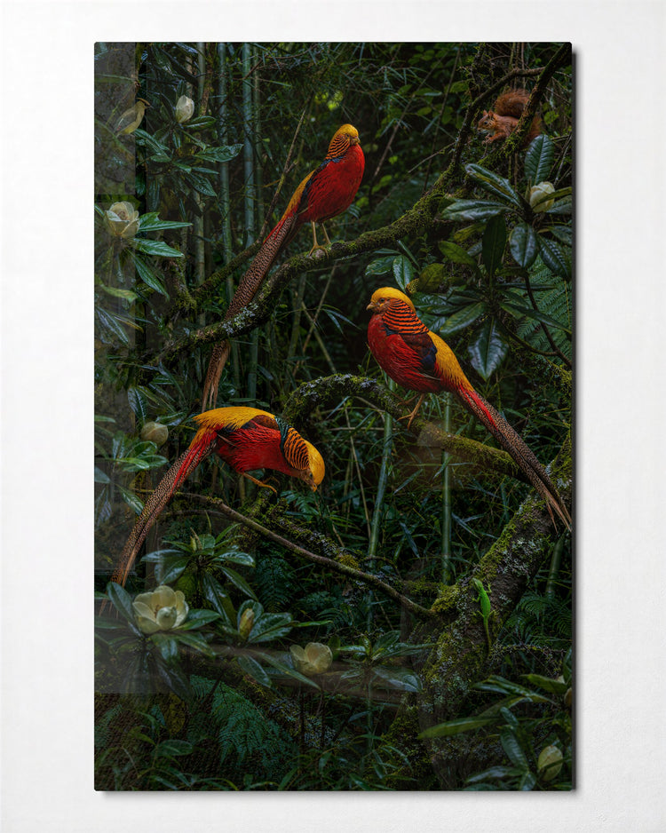 Scarlet Flock in Leaves glass wall art, front view