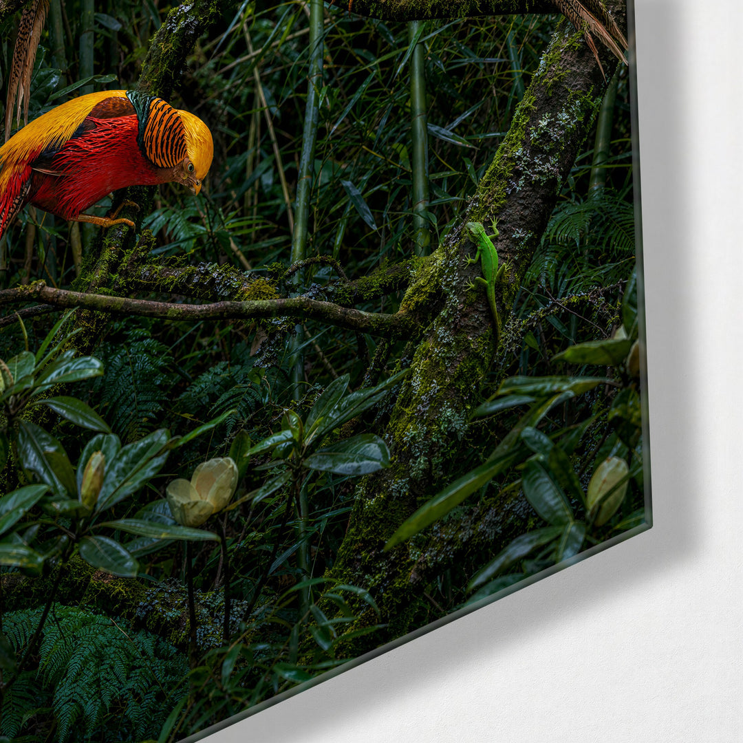 Scarlet Flock in Leaves glass wall art, corner view