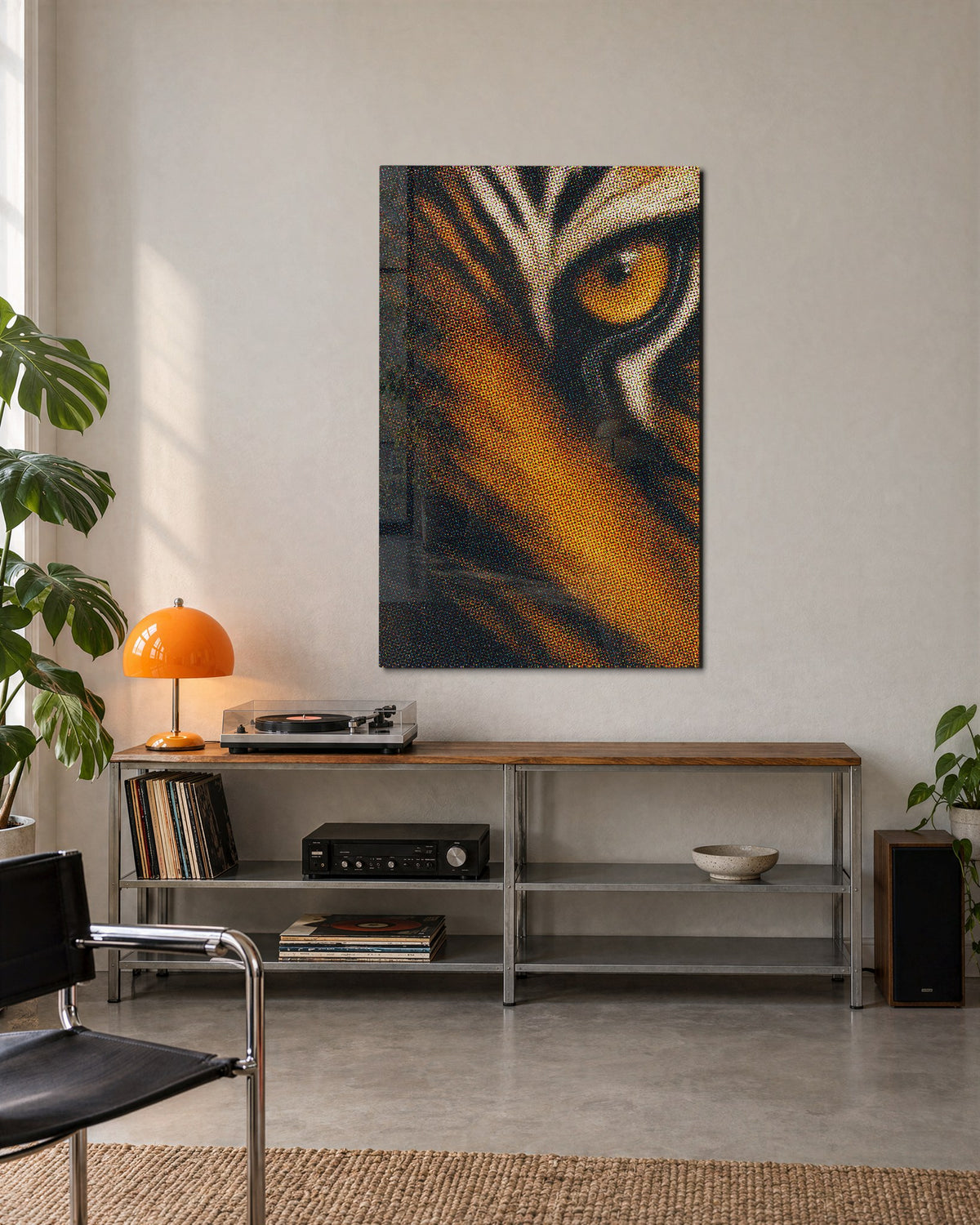 Tiger in Dots glass wall art, lifestyle view