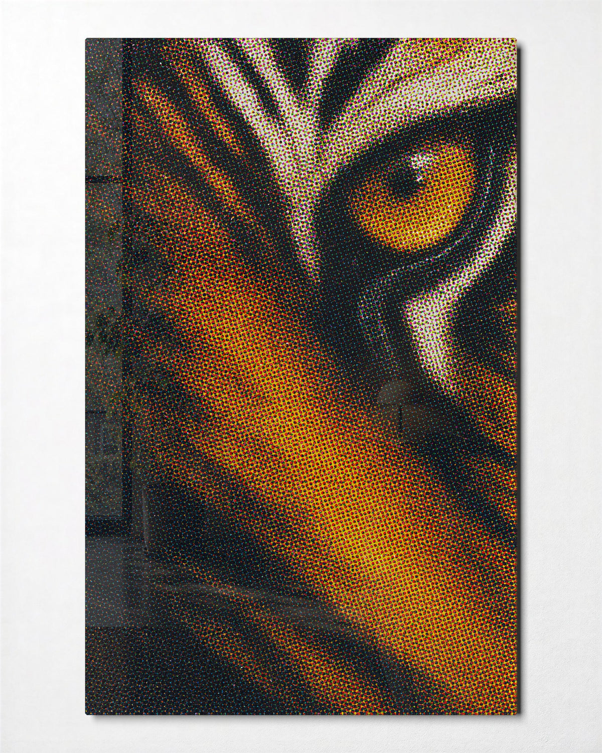 Tiger in Dots glass wall art, front view