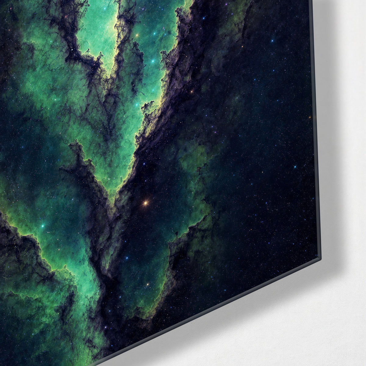 Emerald Seam glass wall art, corner view