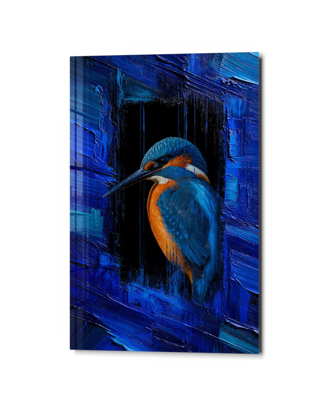 Orange Beak, Cobalt Strokes glass wall art, studio view