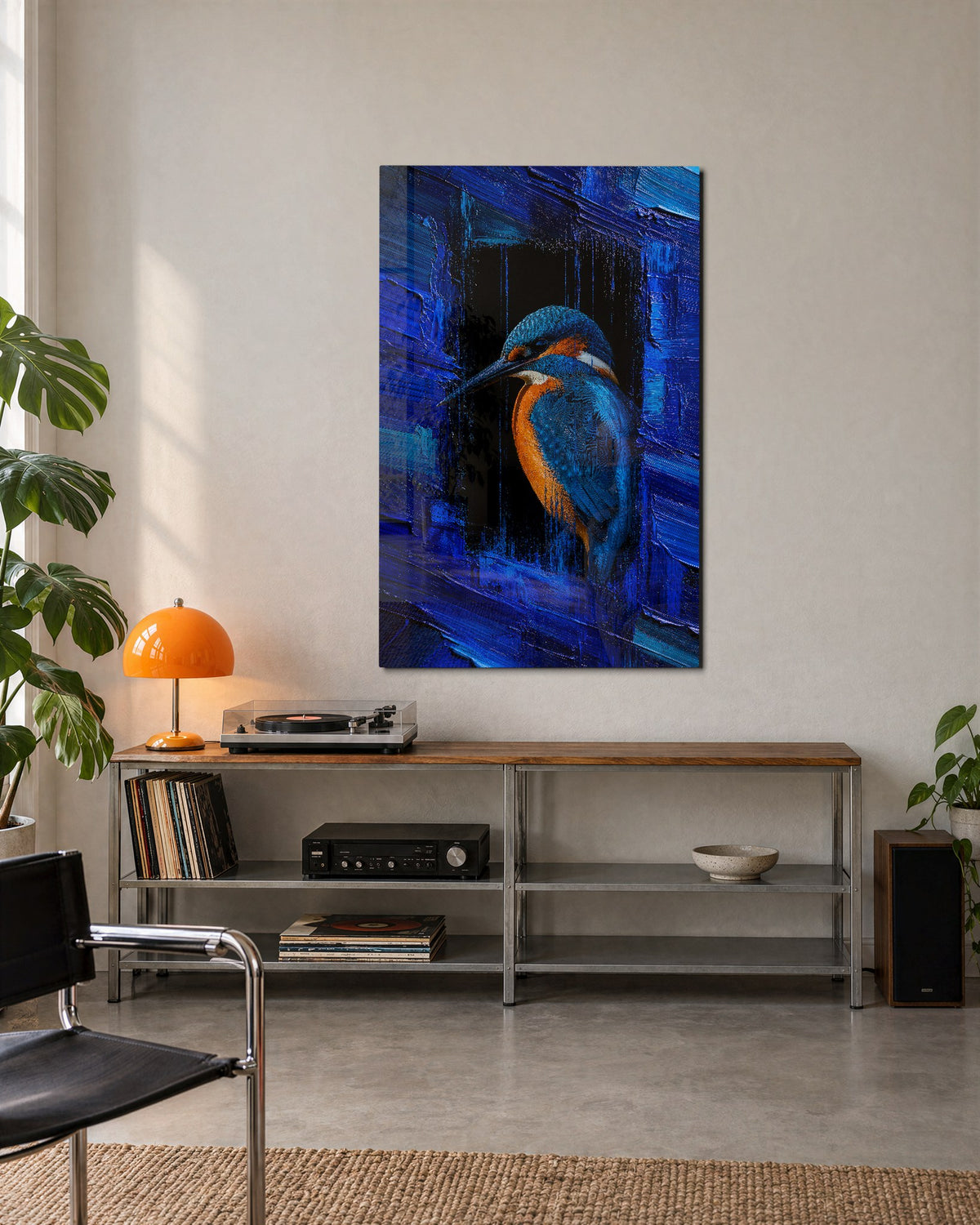 Orange Beak, Cobalt Strokes glass wall art, lifestyle view