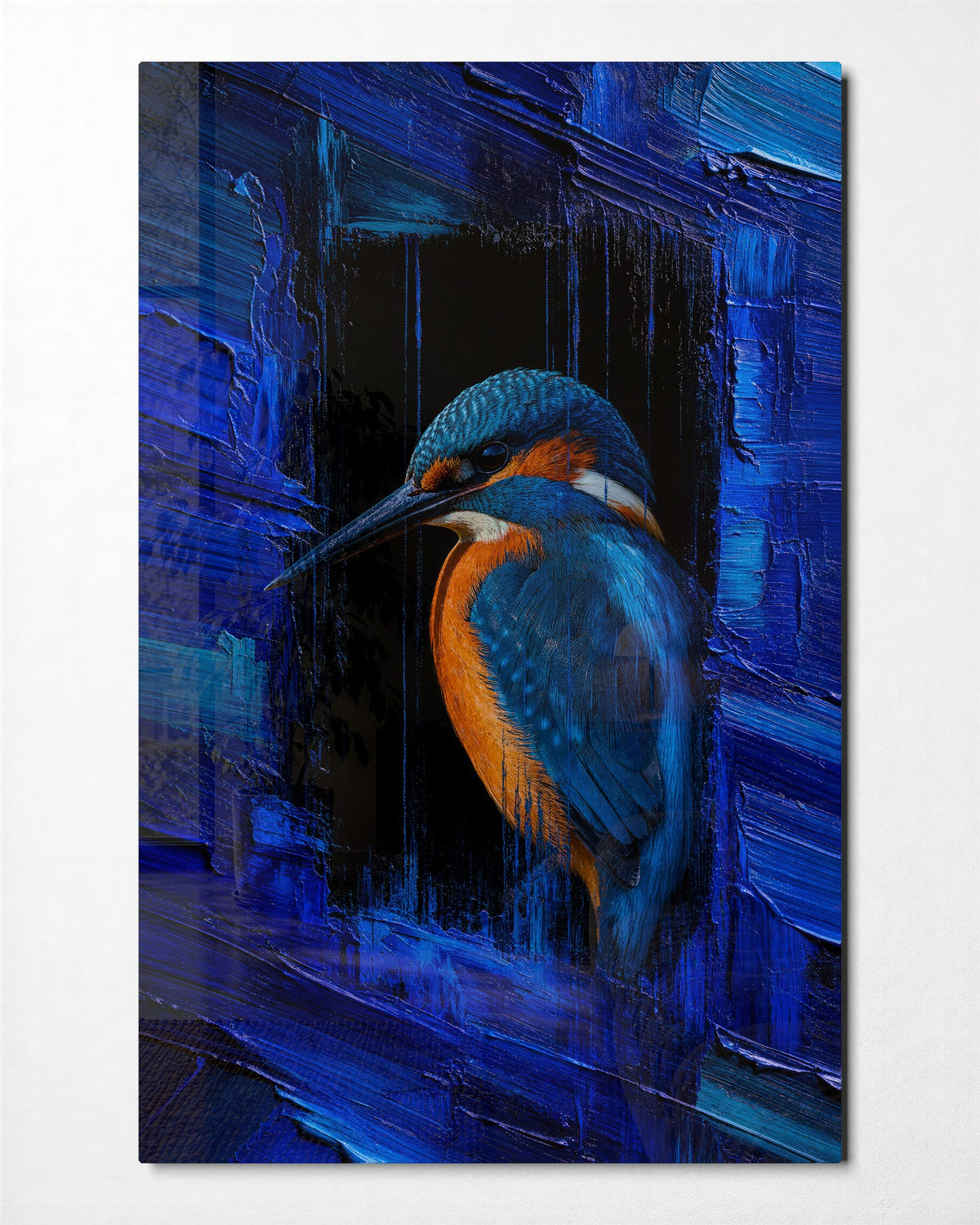 Orange Beak, Cobalt Strokes glass wall art, front view