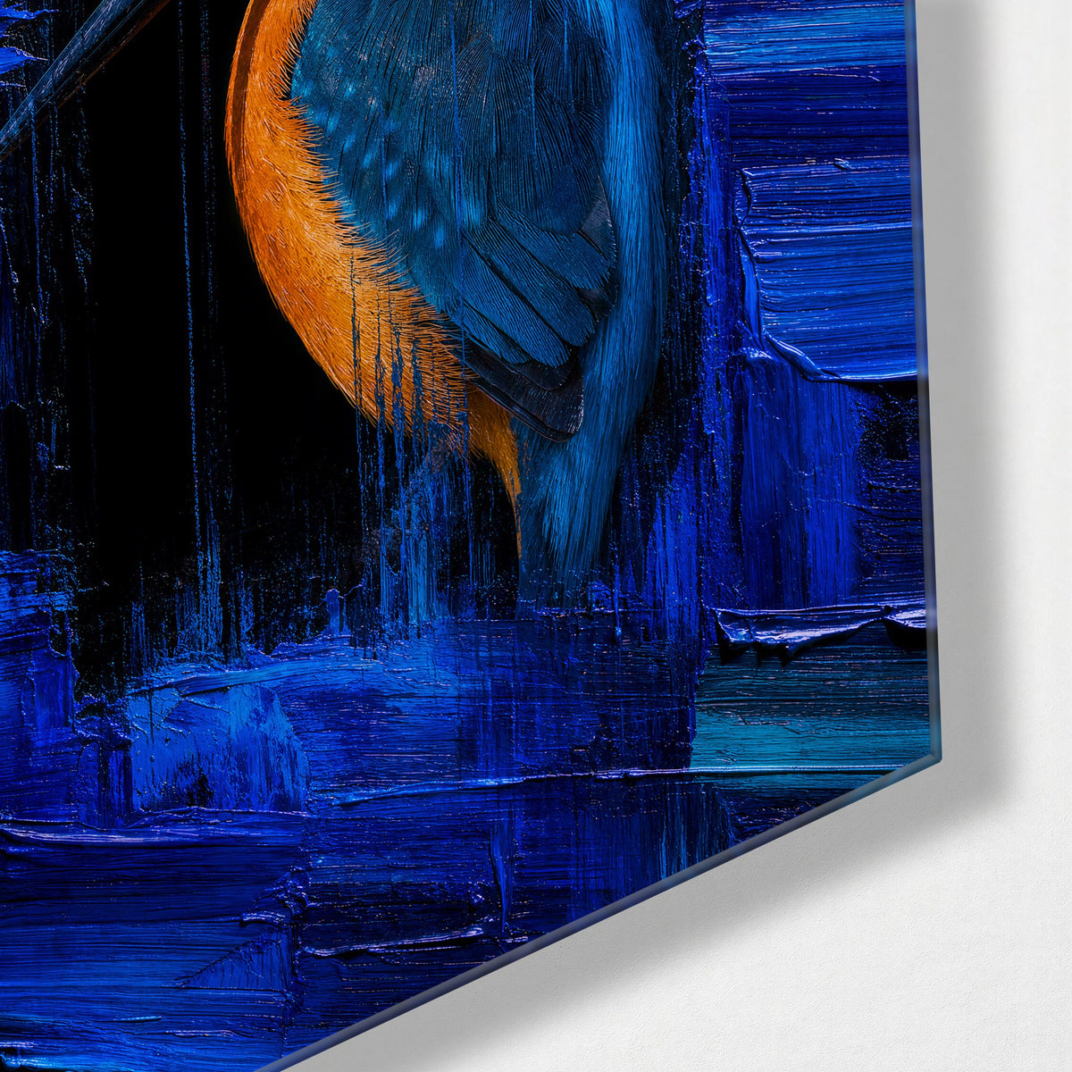 Orange Beak, Cobalt Strokes glass wall art, corner view