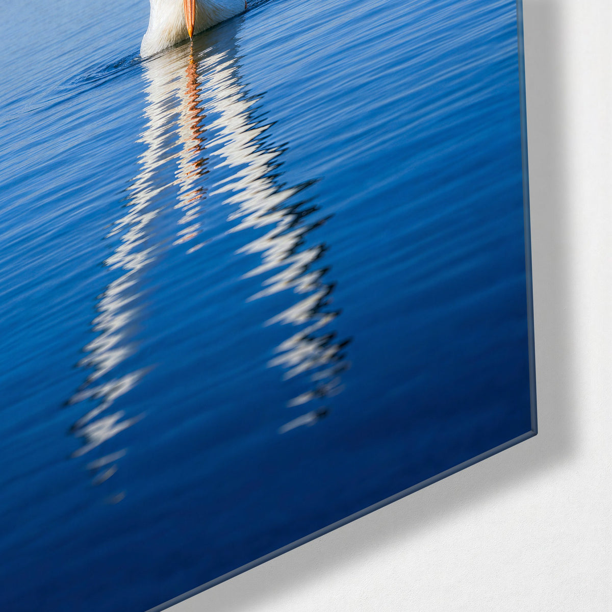 Pelican Mirror glass wall art, corner view