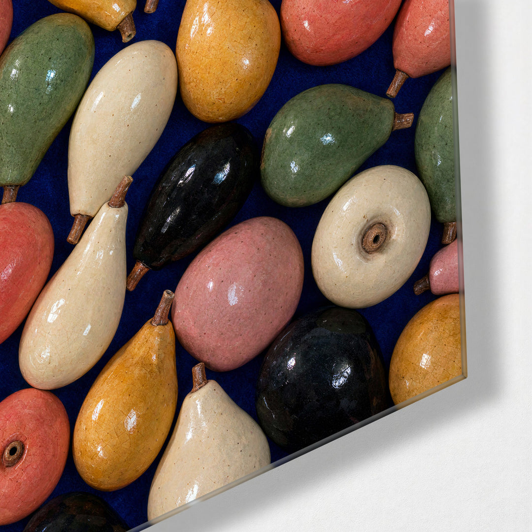 Glazed Orchard Pile glass wall art, corner view