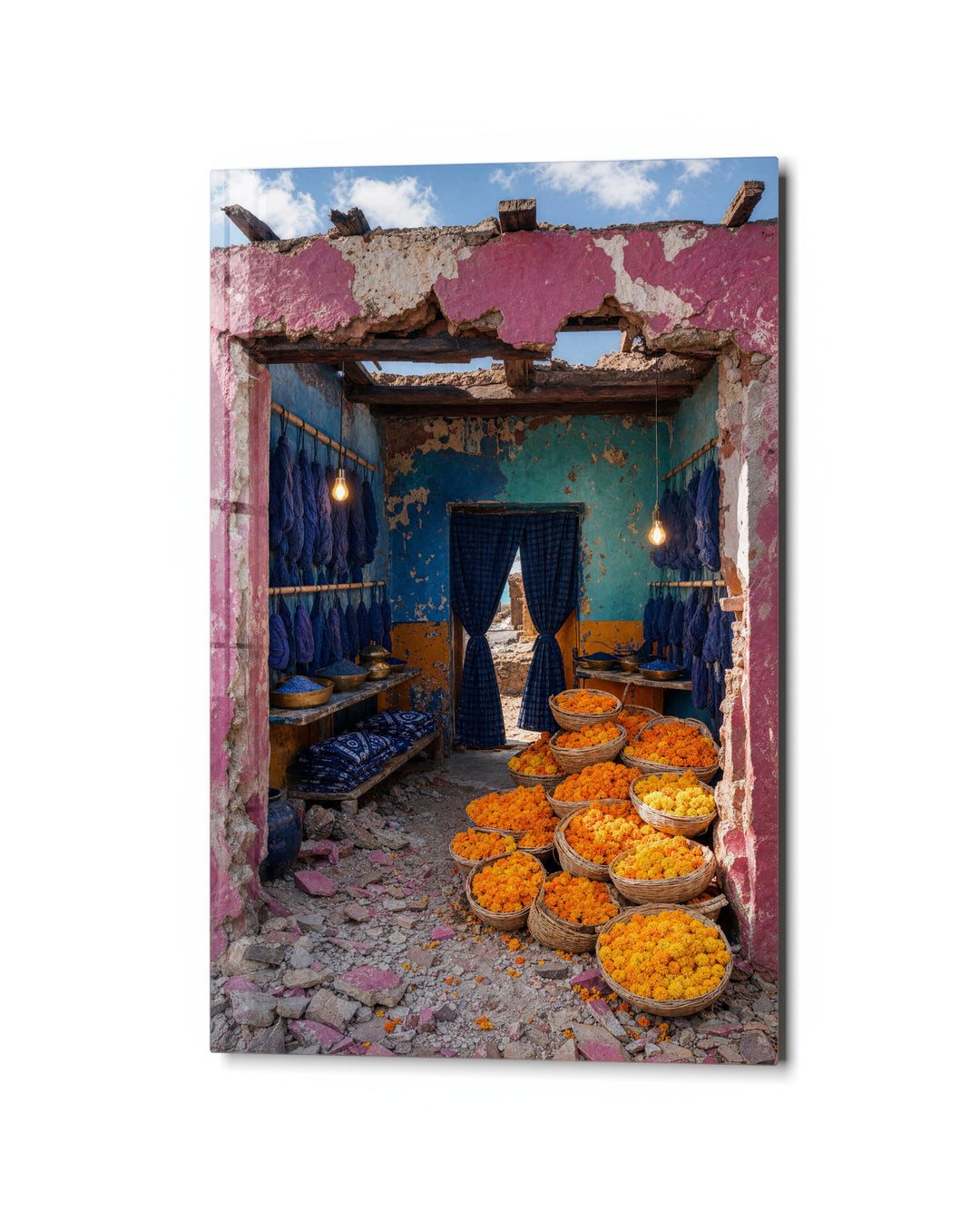 Orange Flowers, Pink Door glass wall art, studio view