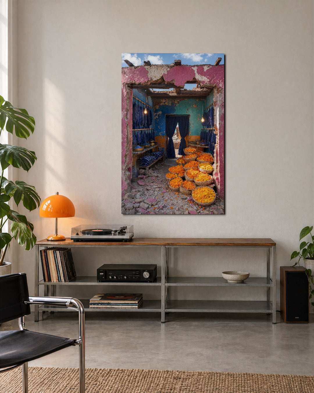 Orange Flowers, Pink Door glass wall art, lifestyle view