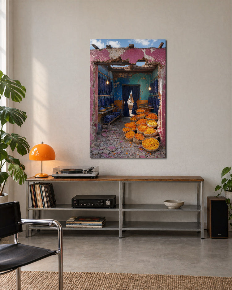 Orange Flowers, Pink Door glass wall art, lifestyle view