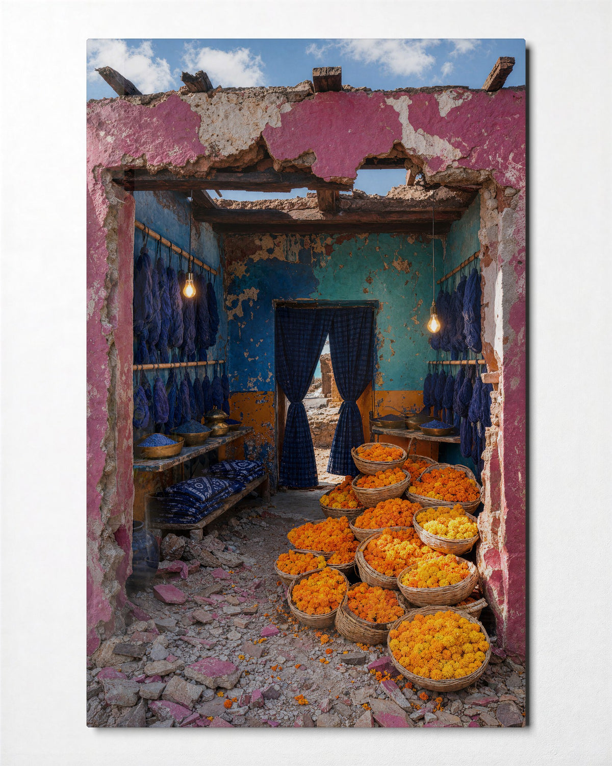 Orange Flowers, Pink Door glass wall art, front view