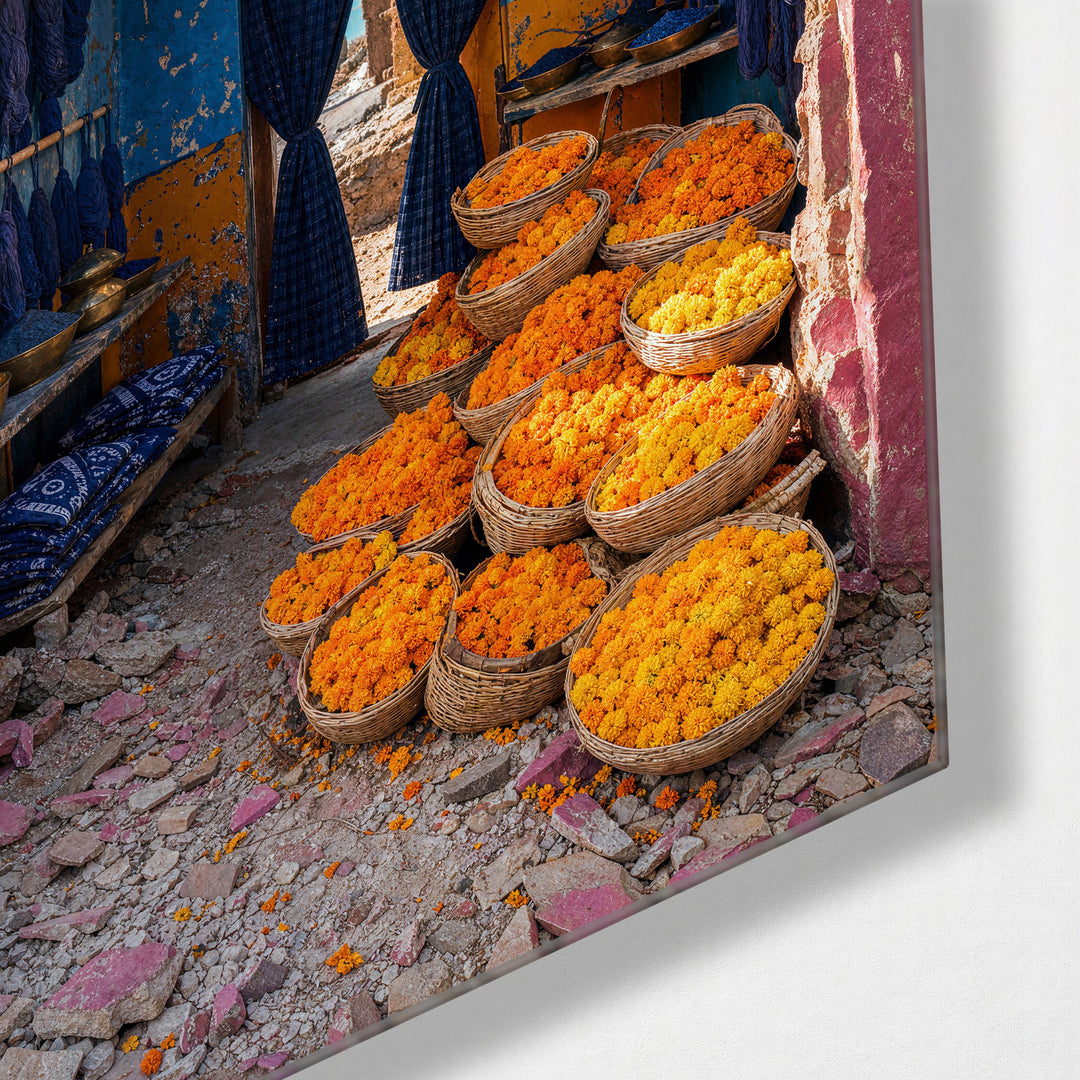 Orange Flowers, Pink Door glass wall art, corner view