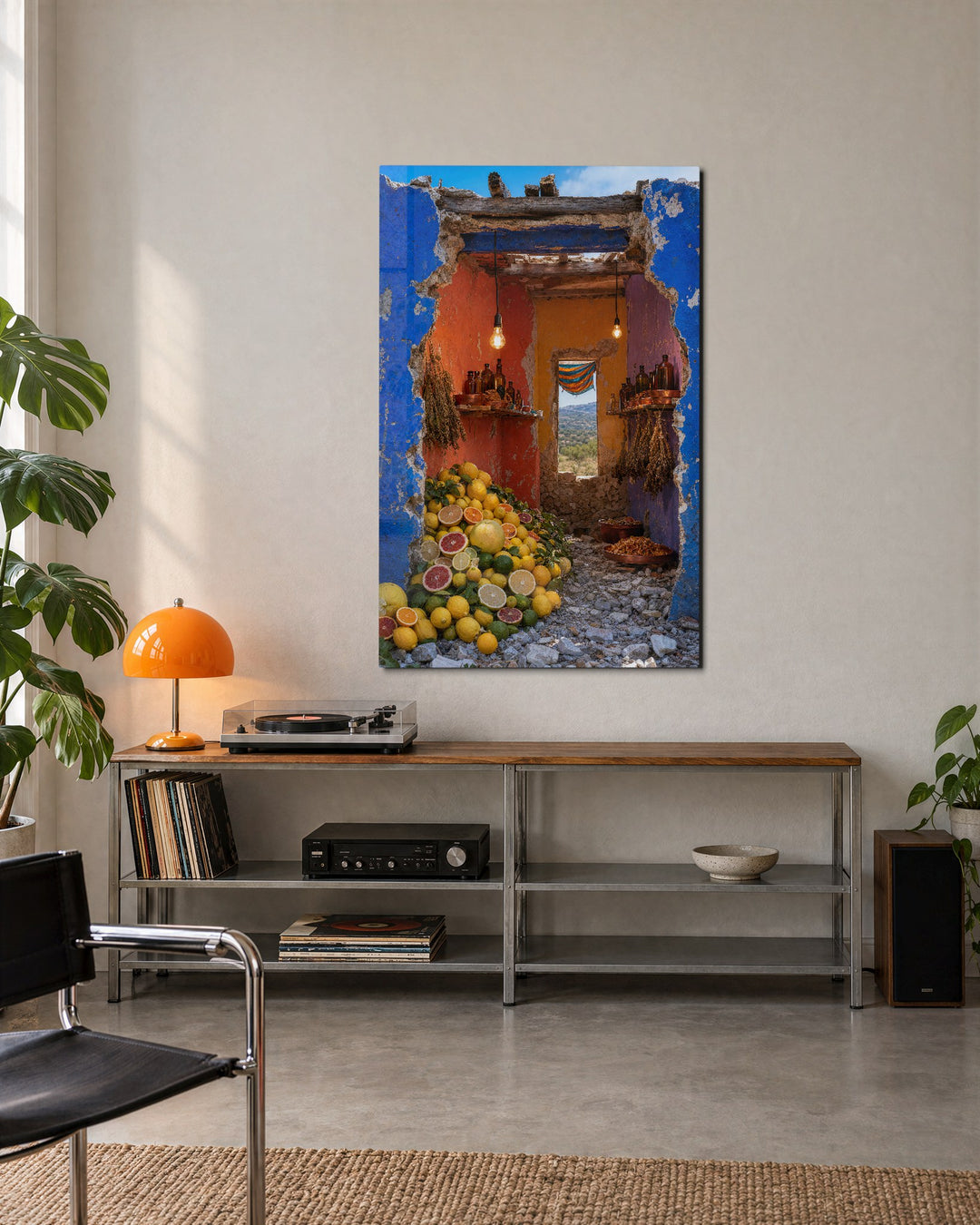 The Open Blue Gateway glass wall art, lifestyle view