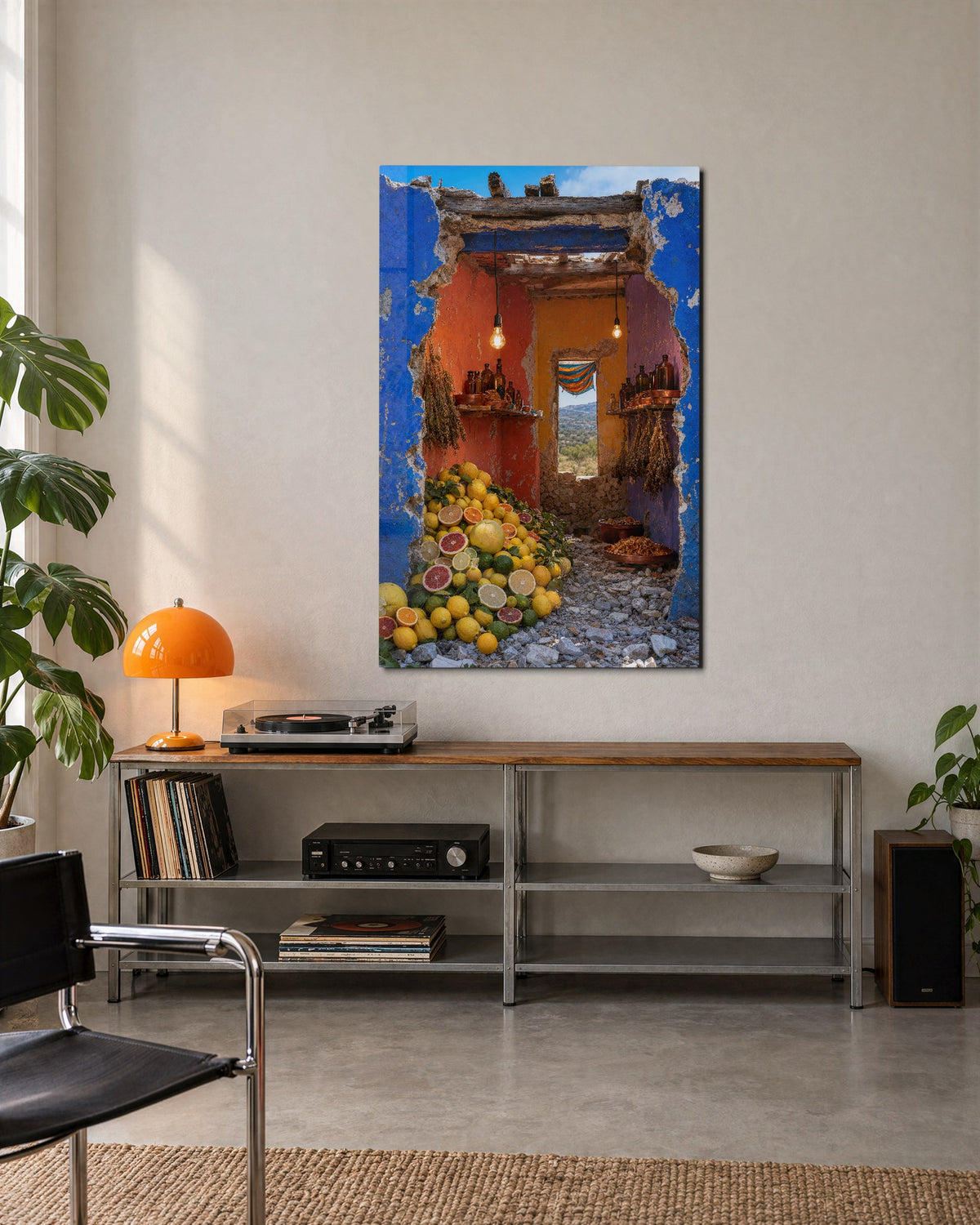 The Open Blue Gateway glass wall art, lifestyle view
