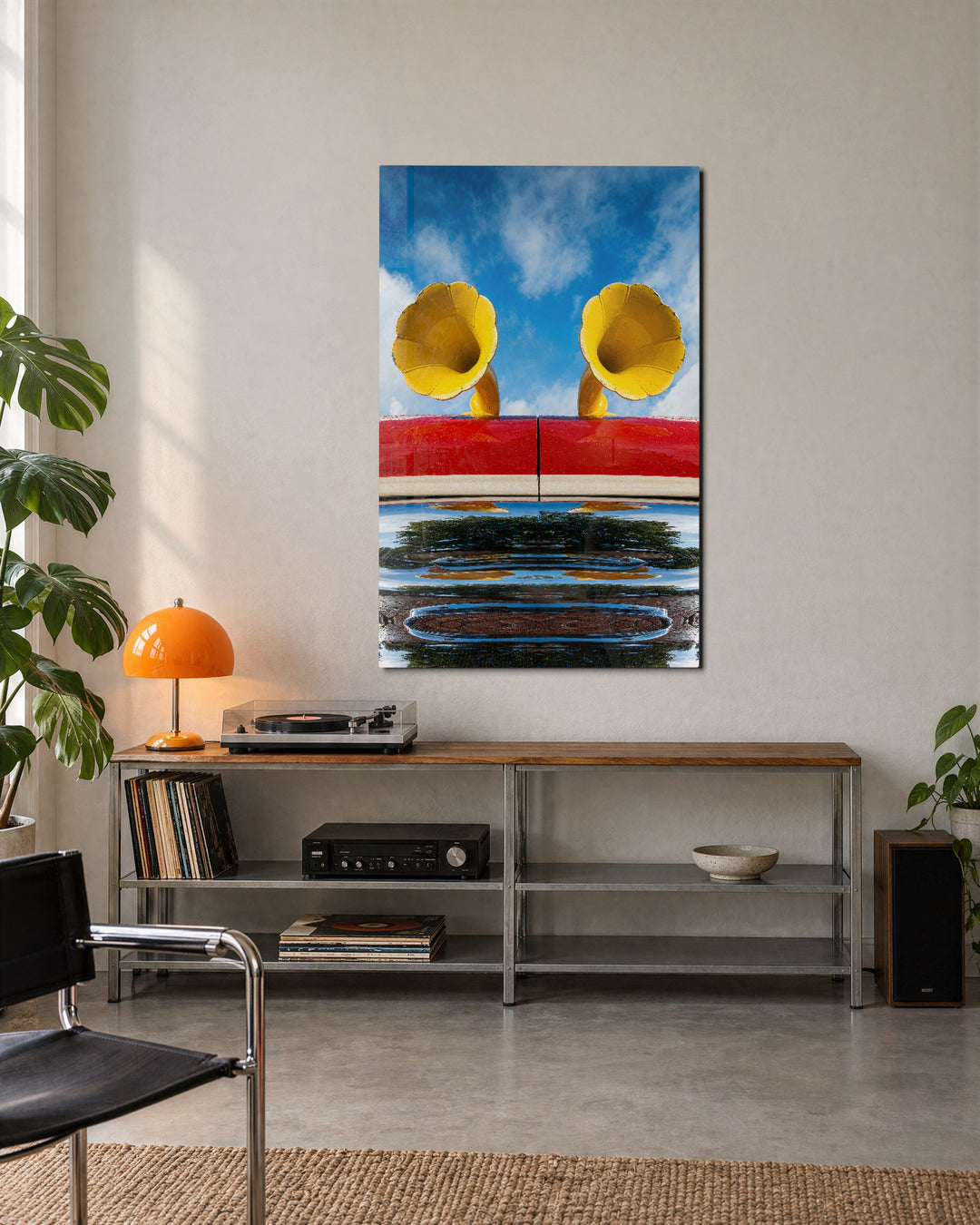 Twin Horns, Blue Sky glass wall art, lifestyle view