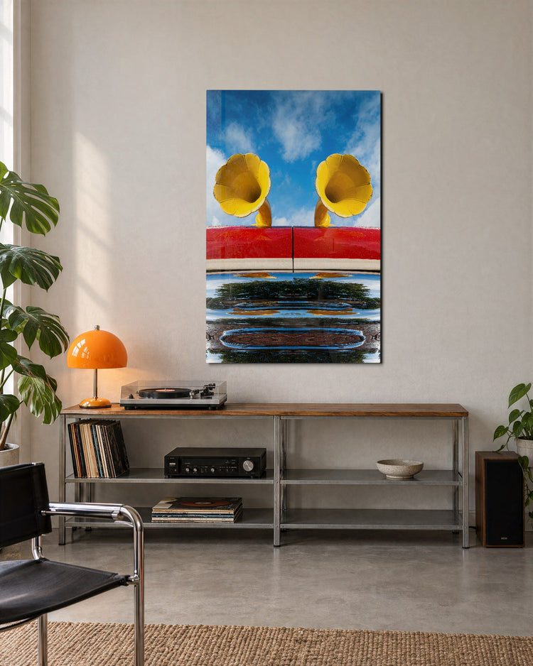 Twin Horns, Blue Sky glass wall art, lifestyle view