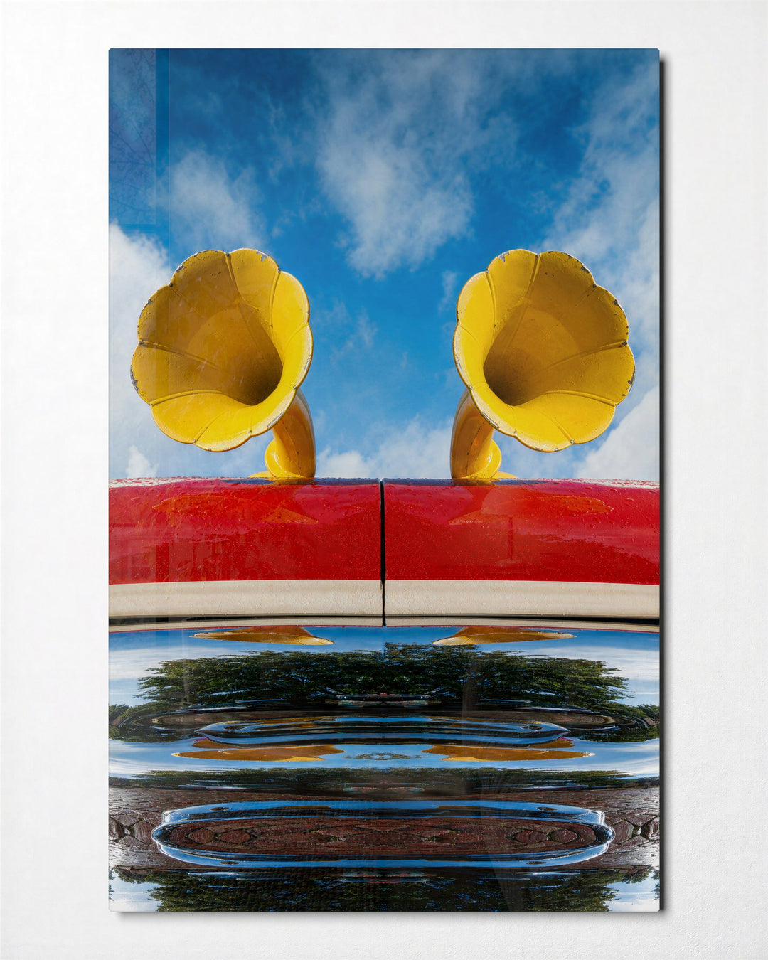 Twin Horns, Blue Sky glass wall art, front view
