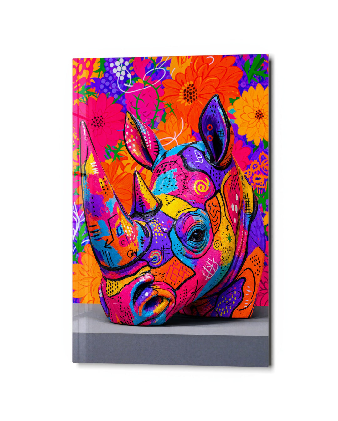 Patterned Rhinoceros glass wall art, studio view