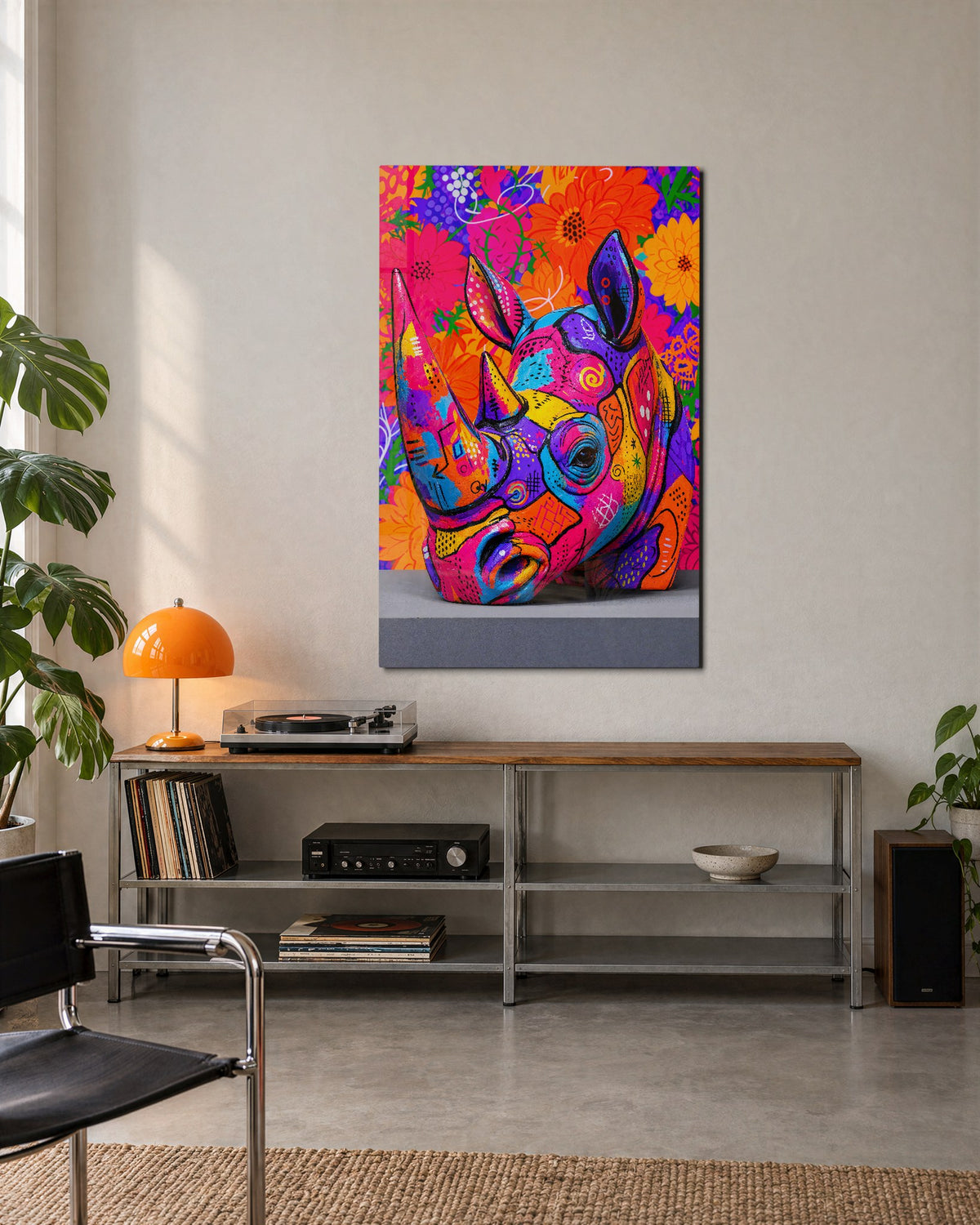 Patterned Rhinoceros glass wall art, lifestyle view