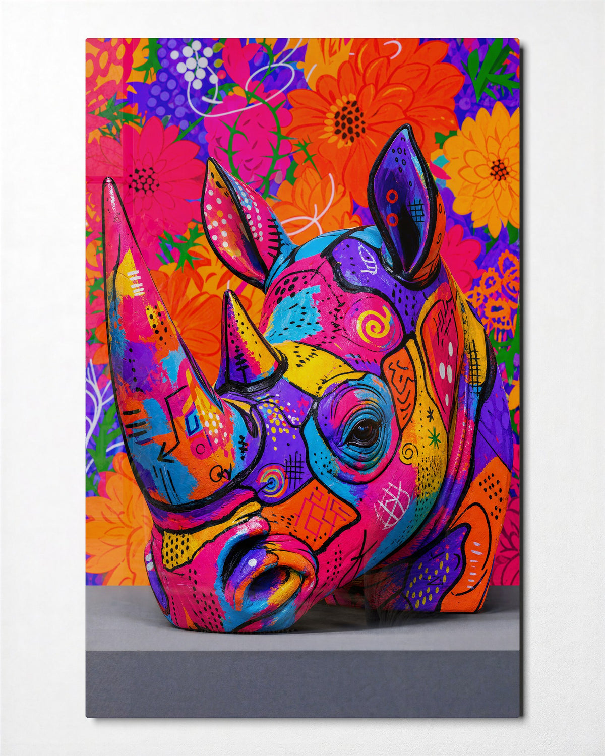 Patterned Rhinoceros glass wall art, front view
