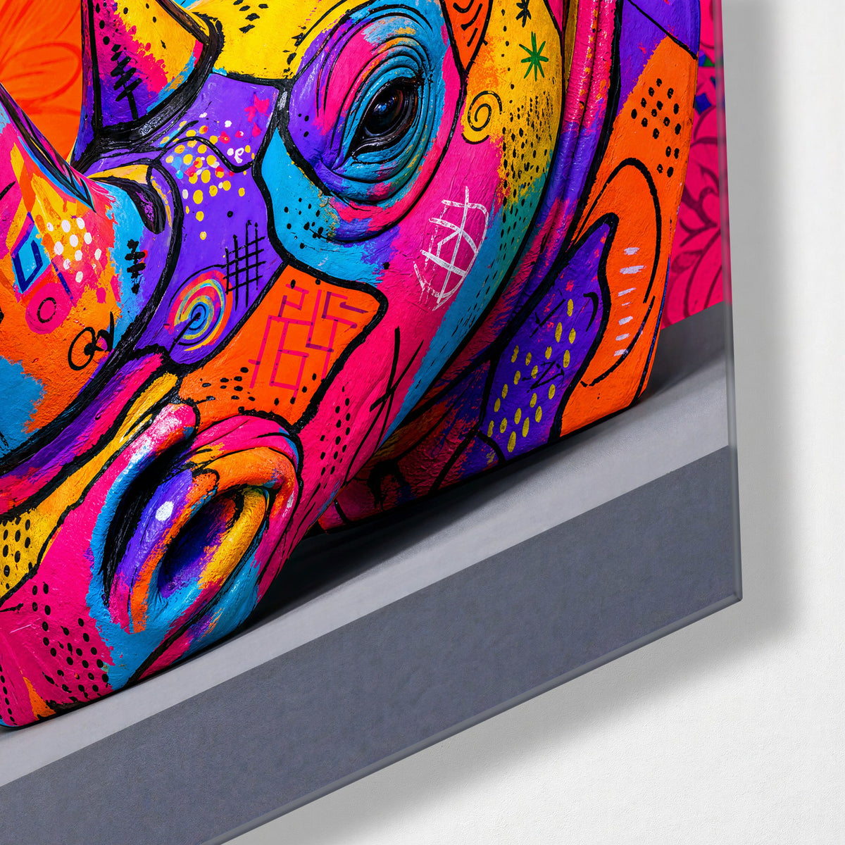 Patterned Rhinoceros glass wall art, corner view