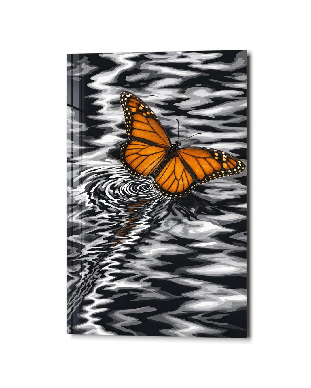Orange Wings, Rippled Lines glass wall art, studio view