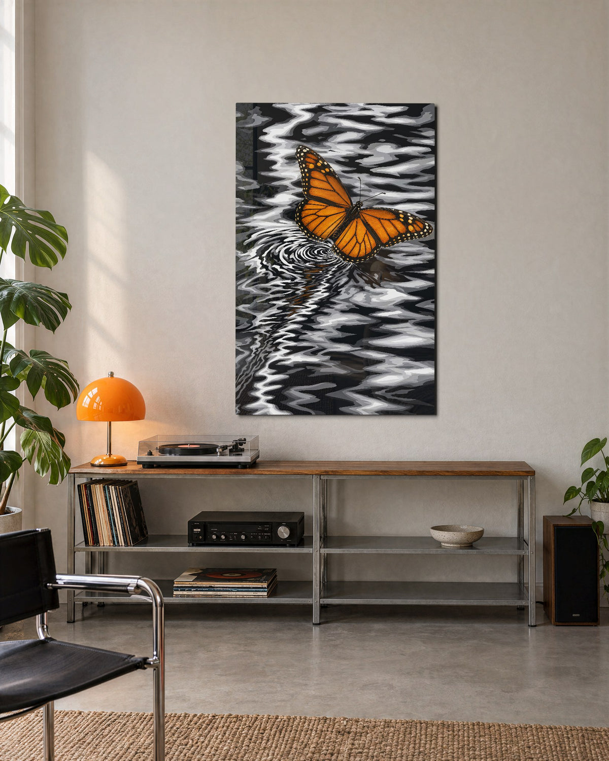 Orange Wings, Rippled Lines glass wall art, lifestyle view