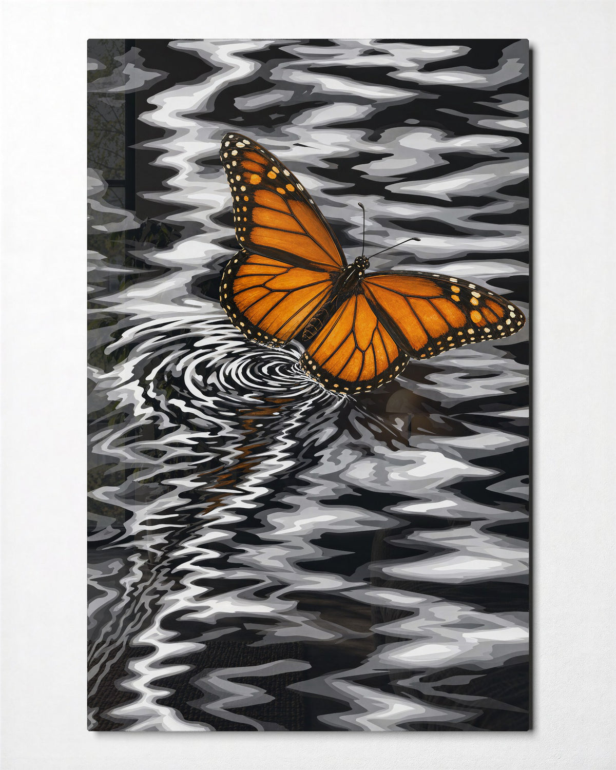 Orange Wings, Rippled Lines glass wall art, front view