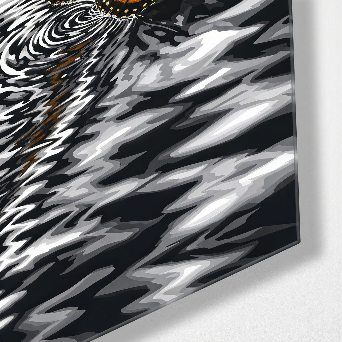 Orange Wings, Rippled Lines glass wall art, corner view