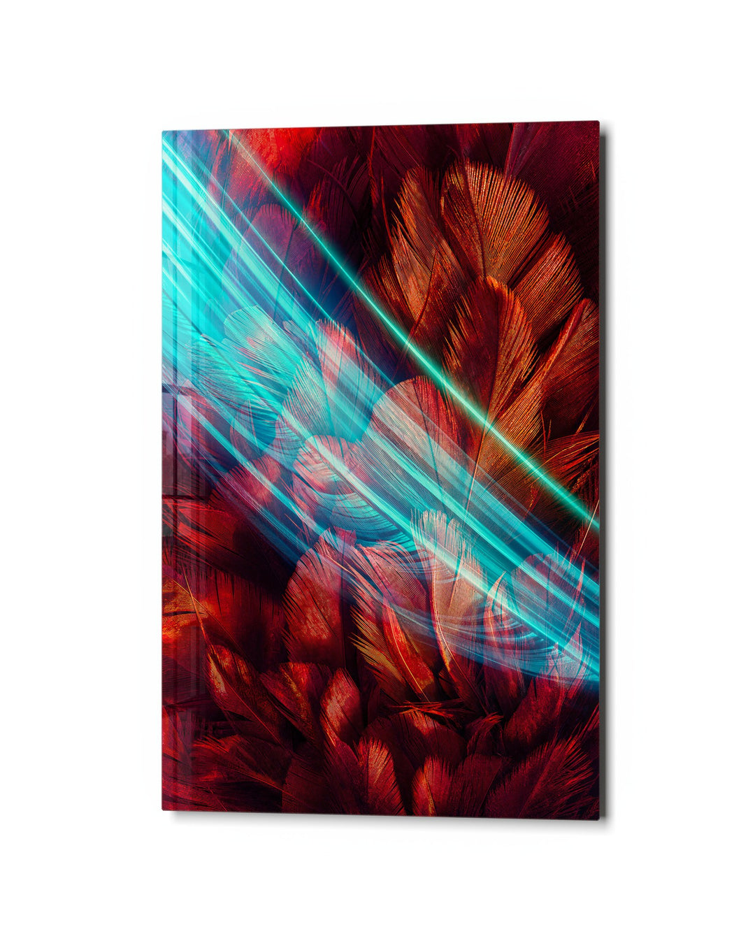 Aqua Slashes glass wall art, studio view