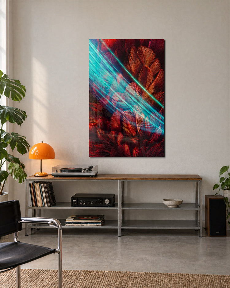 Aqua Slashes glass wall art, lifestyle view