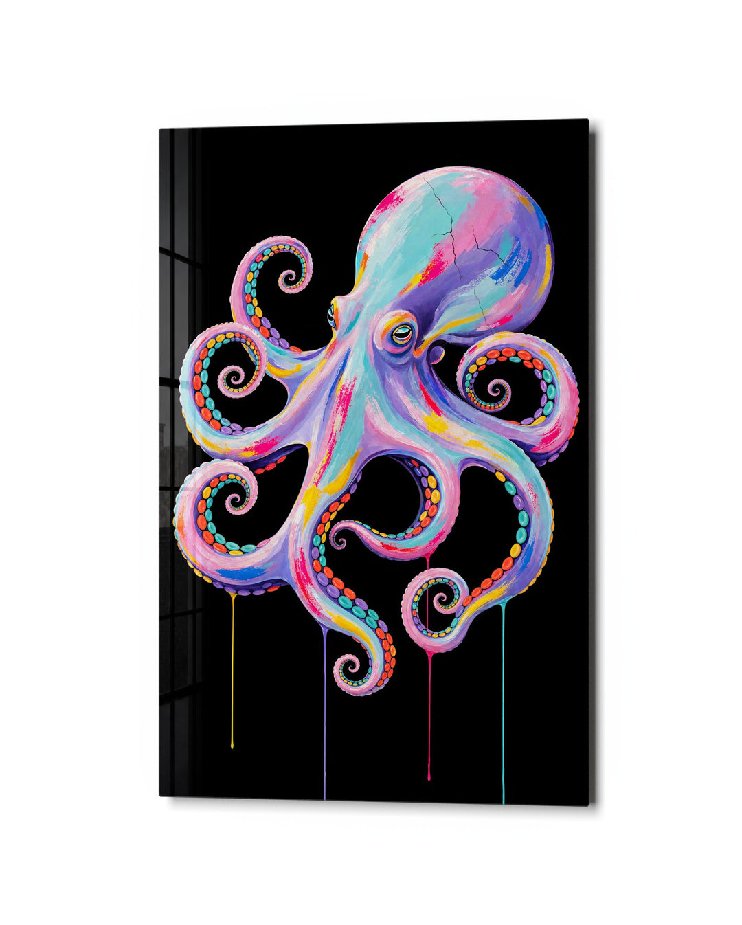 Pastel Octopus glass wall art, studio view