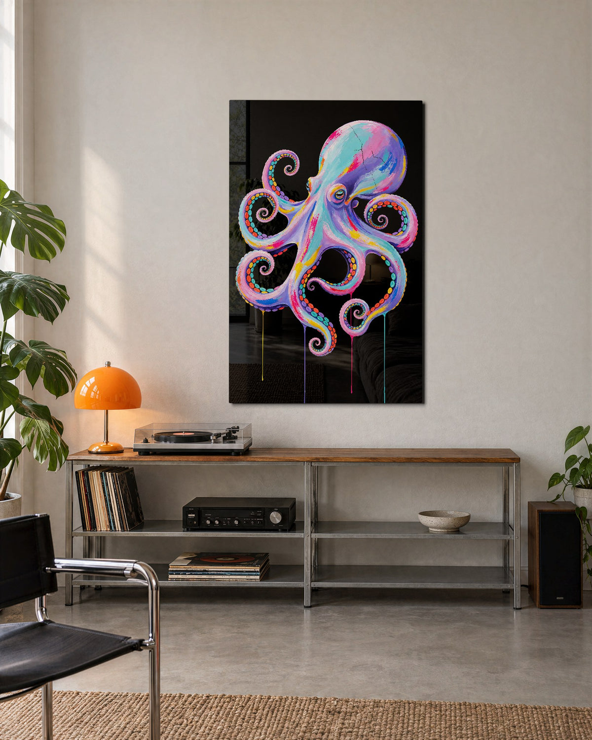 Pastel Octopus glass wall art, lifestyle view