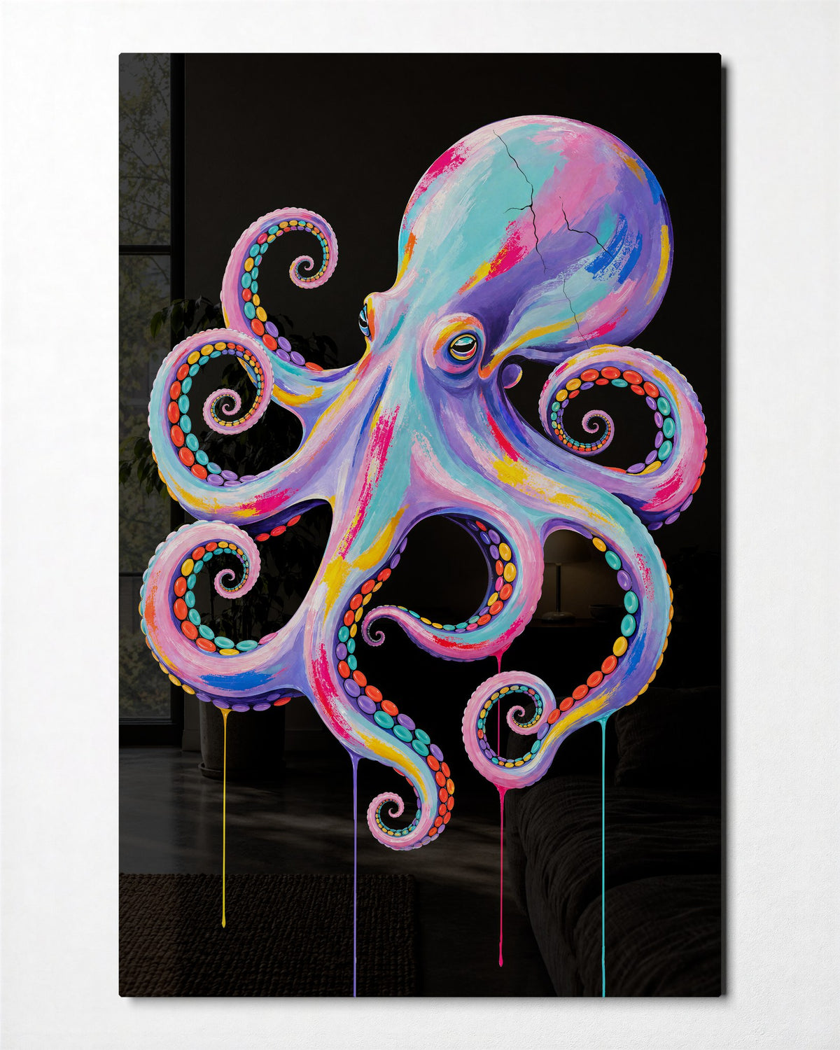 Pastel Octopus glass wall art, front view