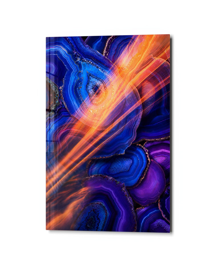 Orange Through Indigo glass wall art, studio view