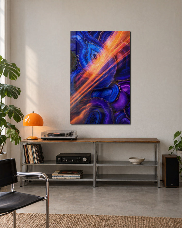 Orange Through Indigo glass wall art, lifestyle view