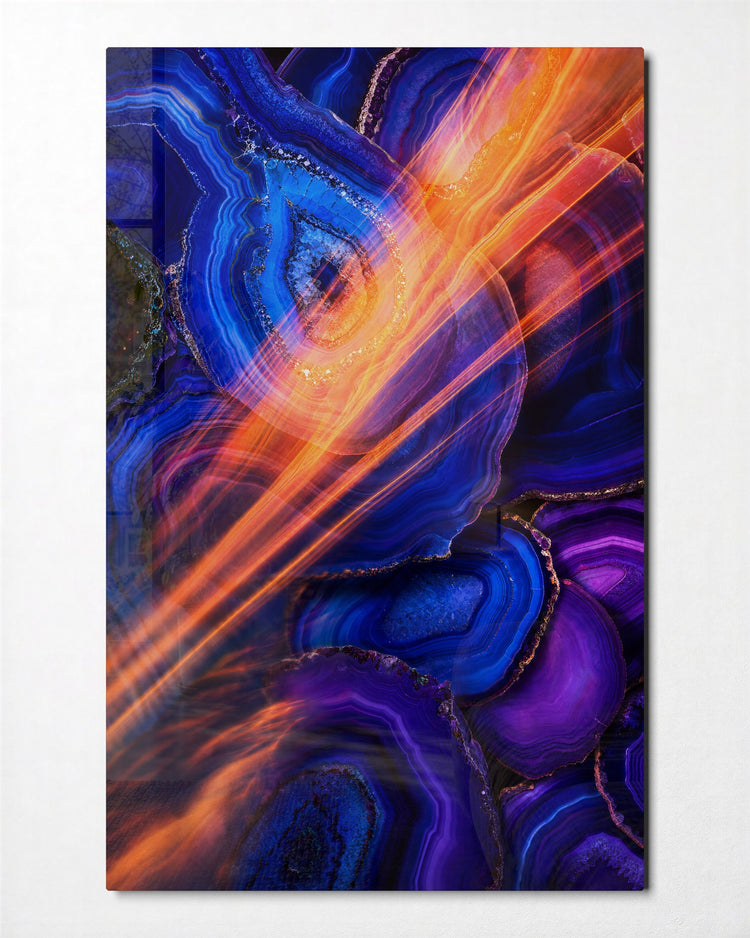 Orange Through Indigo glass wall art, front view