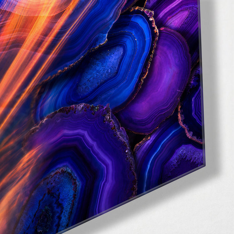 Orange Through Indigo glass wall art, corner view