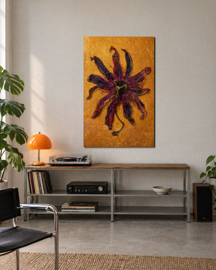 Wilted Gold glass wall art, lifestyle view
