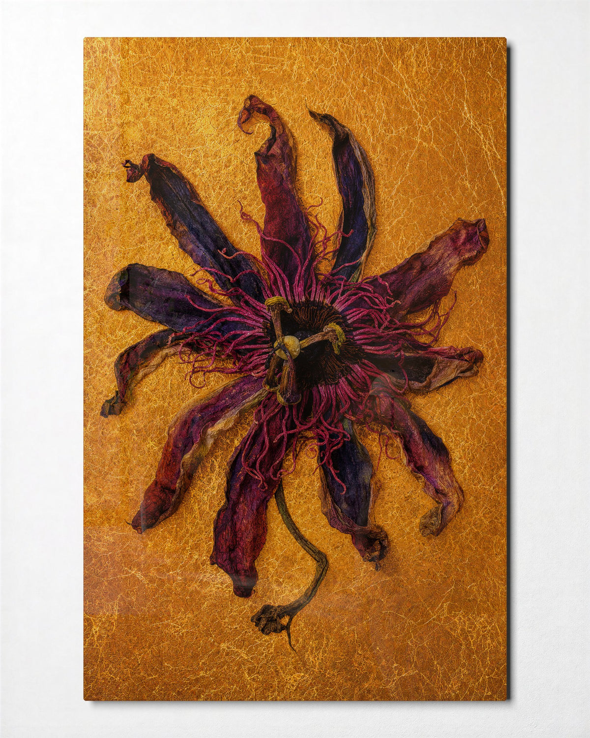 Wilted Gold glass wall art, front view