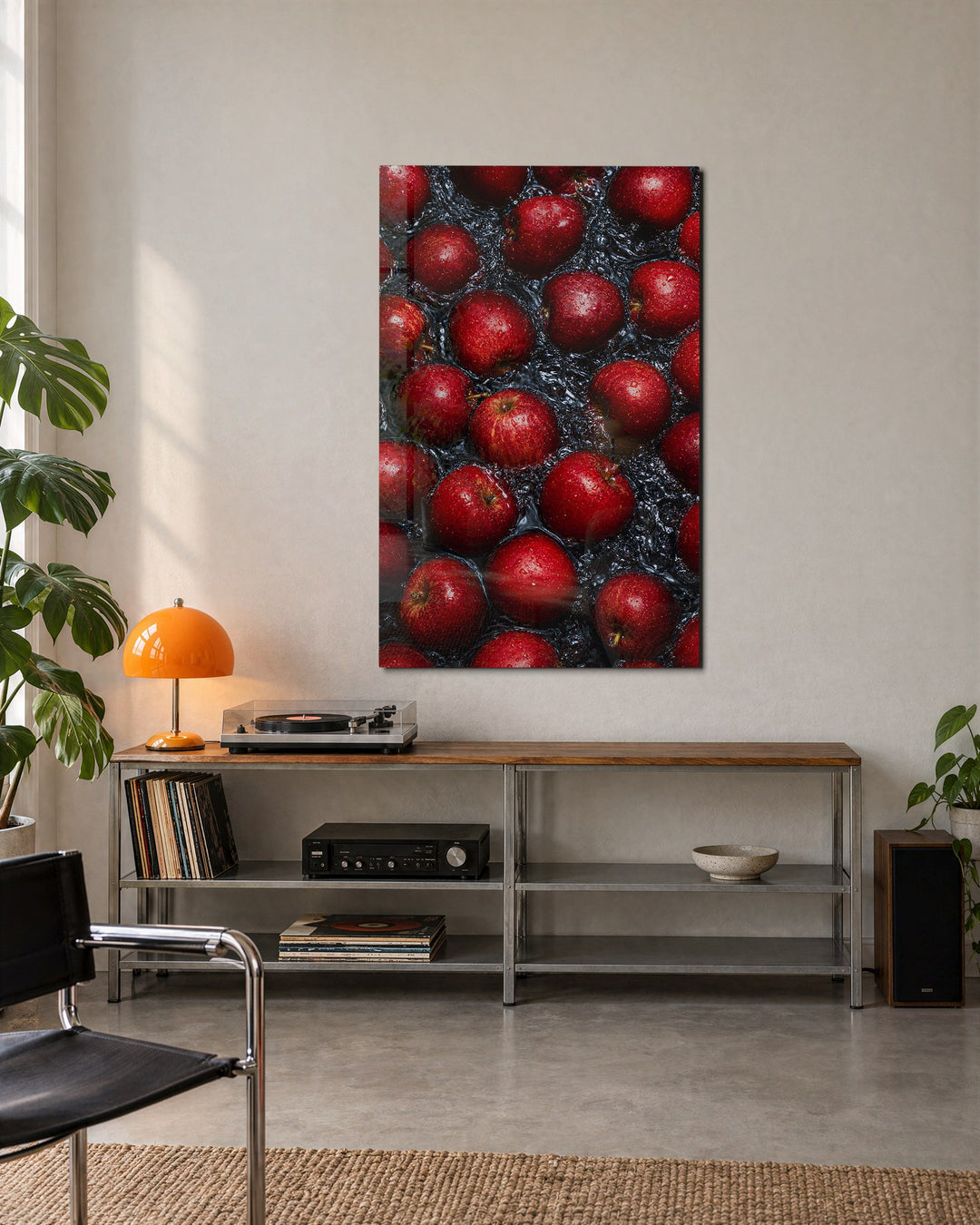 Red Apple Pile glass wall art, lifestyle view